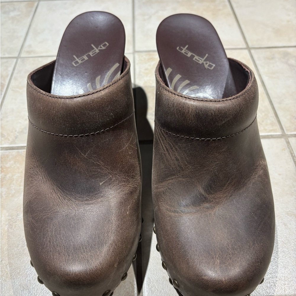 Dansko Brown Leather Mules with Rounded Toe and Raised Heel
